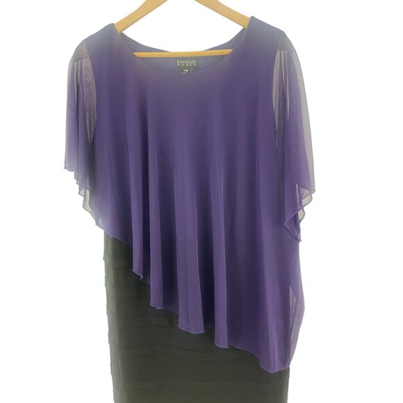 Size 14W 1X PURPLE/BLACK‎ CHIFFON/SHUTTER PLEAT CAPELET DRESS Wedding PLUS SIZE - Picture 2 of 6